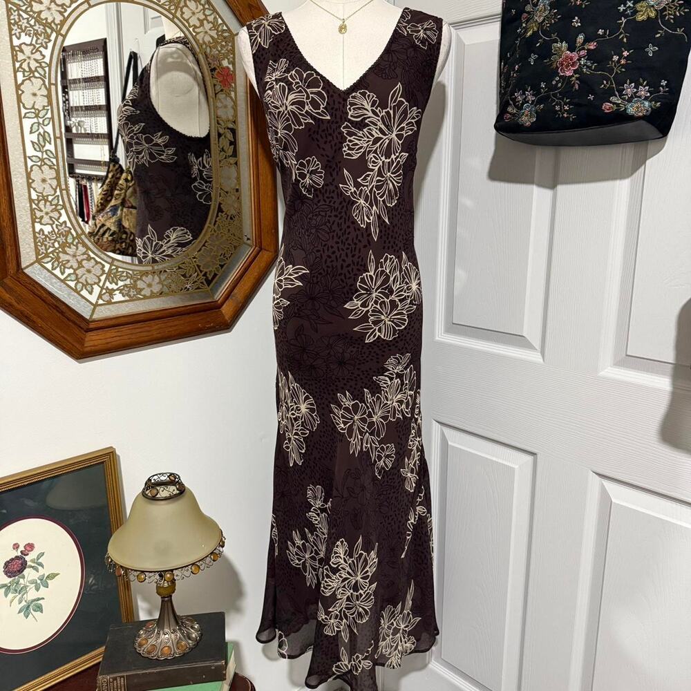VTG 90s Newport News Dark Brown Floral Dotted Sleeveless Boho Fairy Midi Dress L